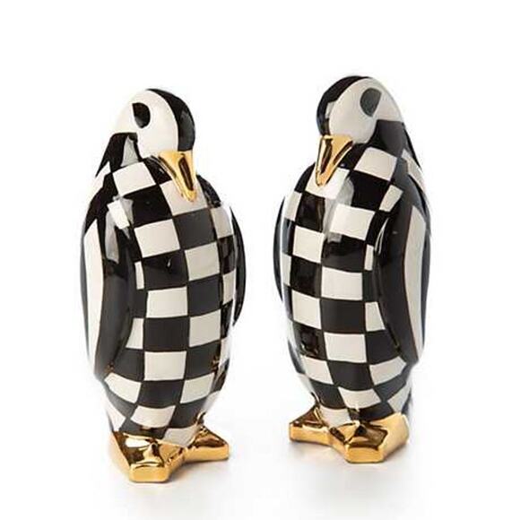 MACKENZIE CHILDS Checkmate Penguin Salt & Pepper Set Black & White New - Picture 1 of 3